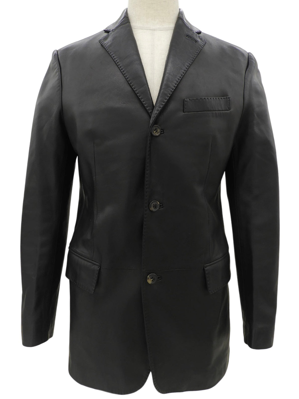 Real Leather Logo Button Jacket #48 Black
