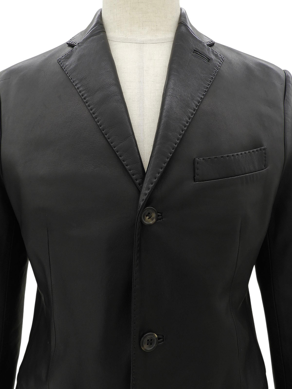Real Leather Logo Button Jacket #48 Black