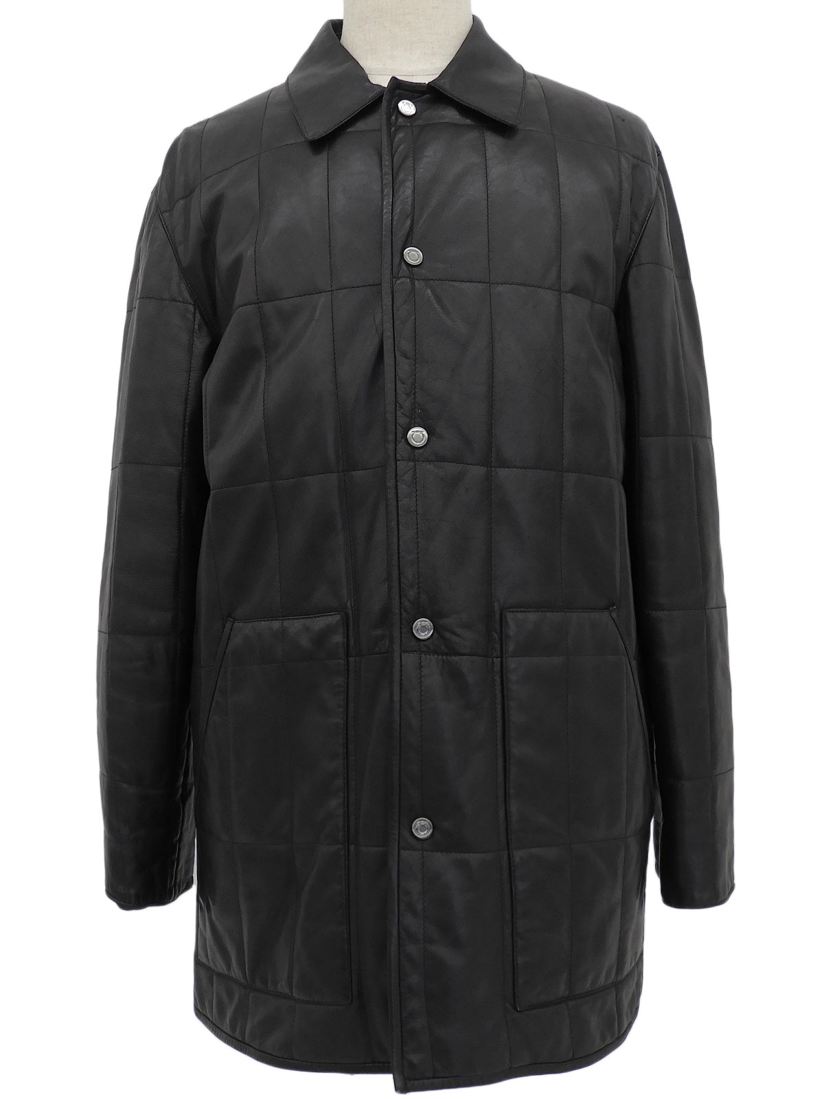 Real Leather Gancini Button Quilted Coat #50 Black