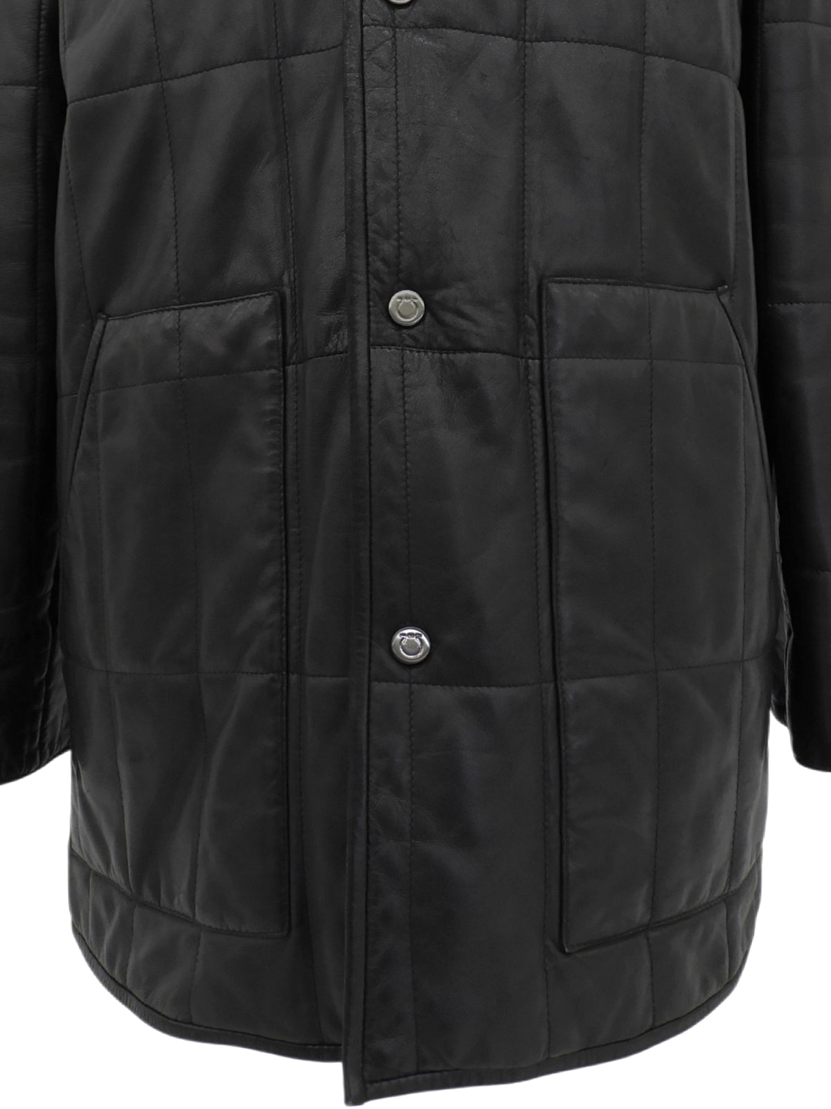Real Leather Gancini Button Quilted Coat #50 Black