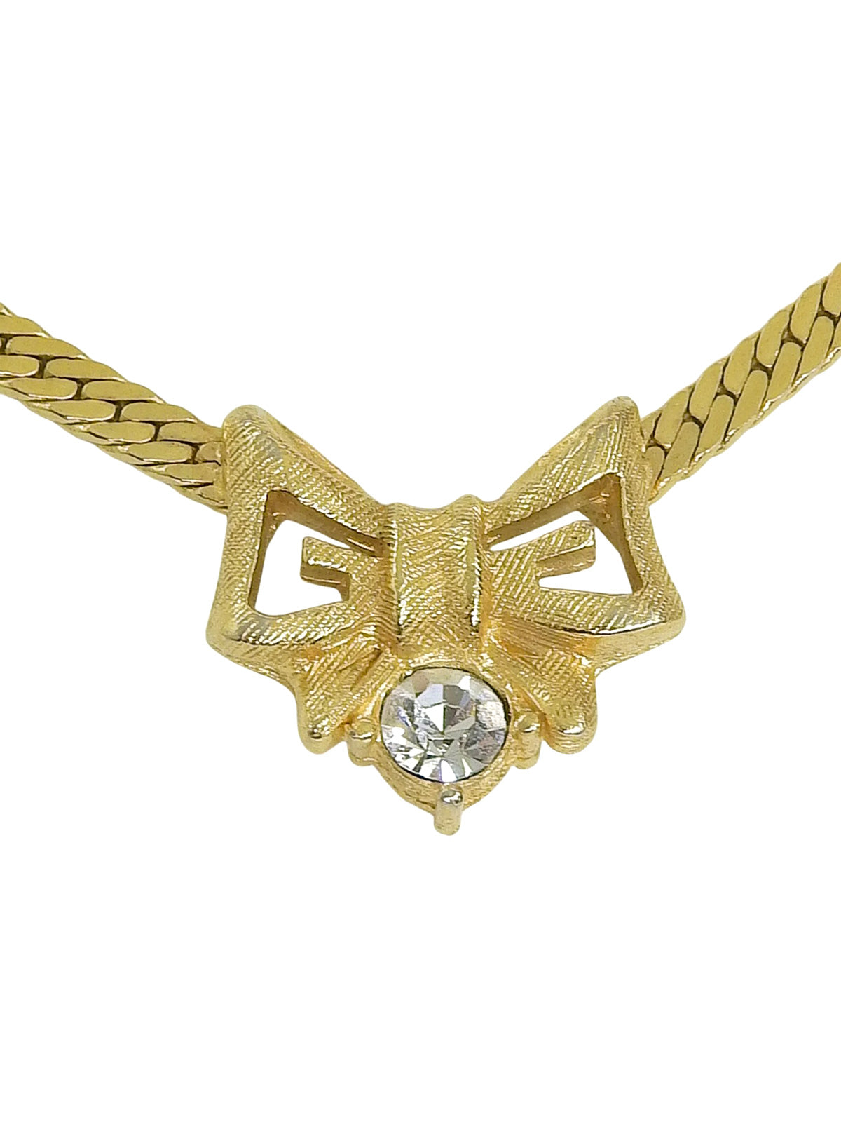 Rhinestone Ribbon Motif Necklace Gold
