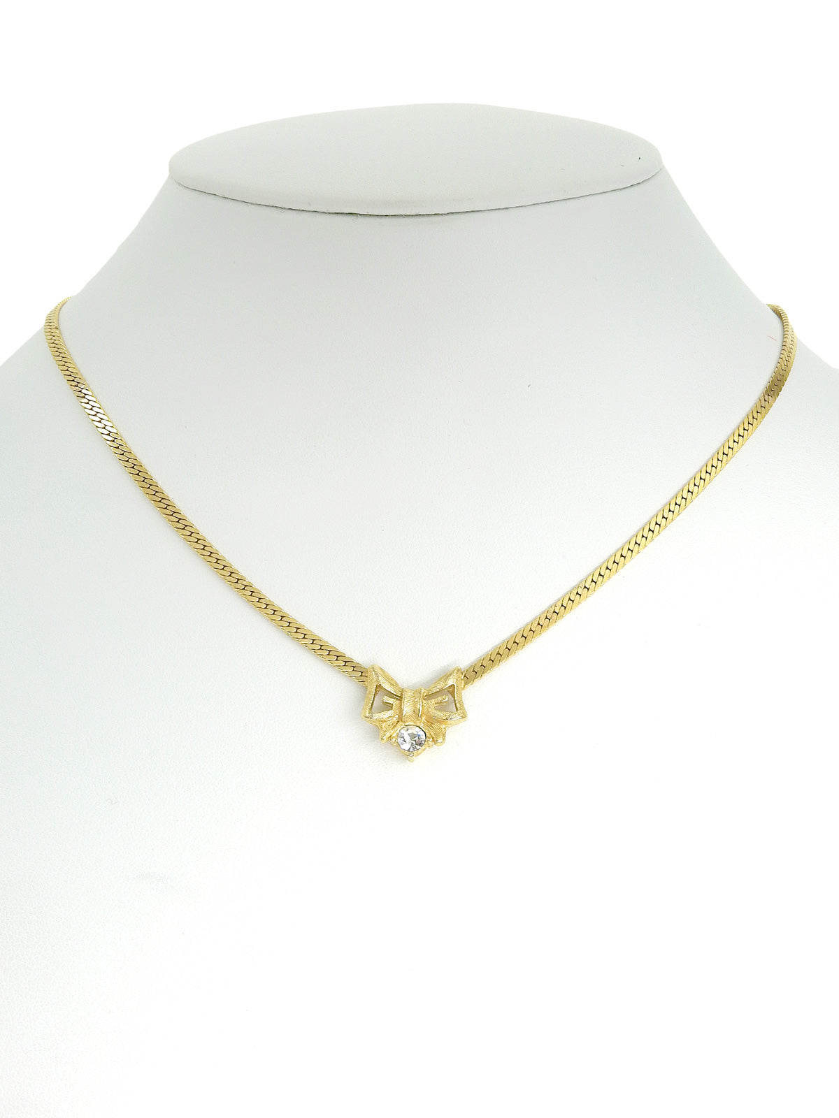 Rhinestone Ribbon Motif Necklace Gold