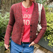 Wool Blend Color Knit Cardigan #38 Red/Grey