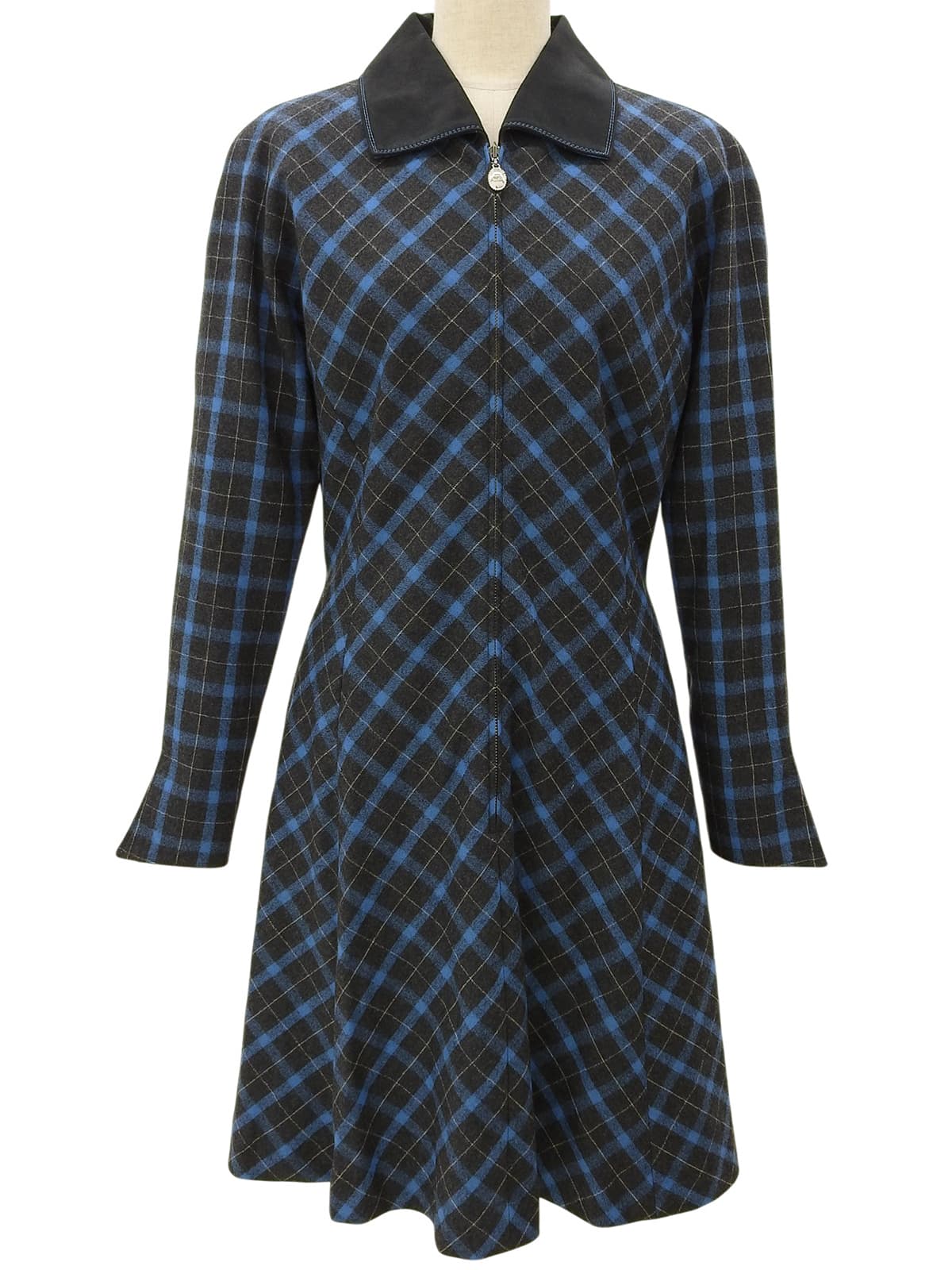 Checkered Pattern Logo Zip-Up Long Sleeve Dress #L Charcoal Gray/Blue