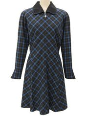 Checkered Pattern Logo Zip-Up Long Sleeve Dress #L Charcoal Gray/Blue