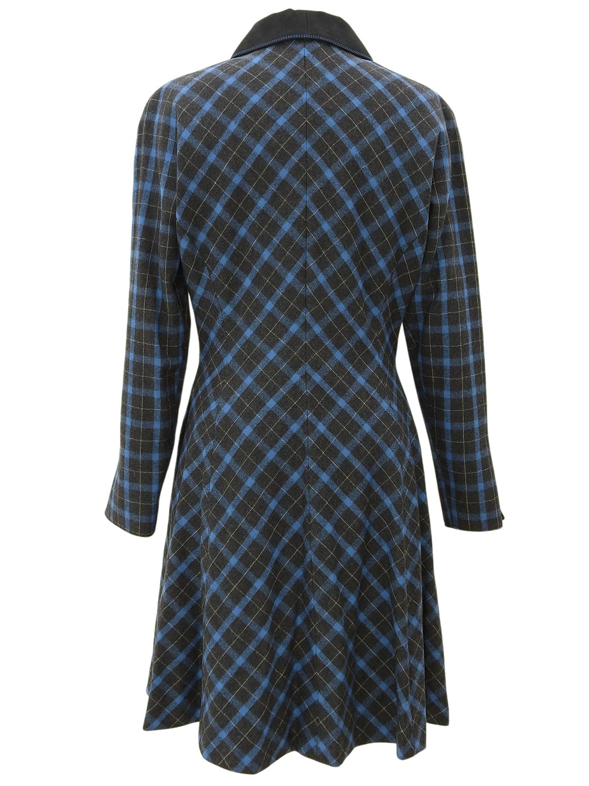 Checkered Pattern Logo Zip-Up Long Sleeve Dress #L Charcoal Gray/Blue