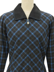 Checkered Pattern Logo Zip-Up Long Sleeve Dress #L Charcoal Gray/Blue