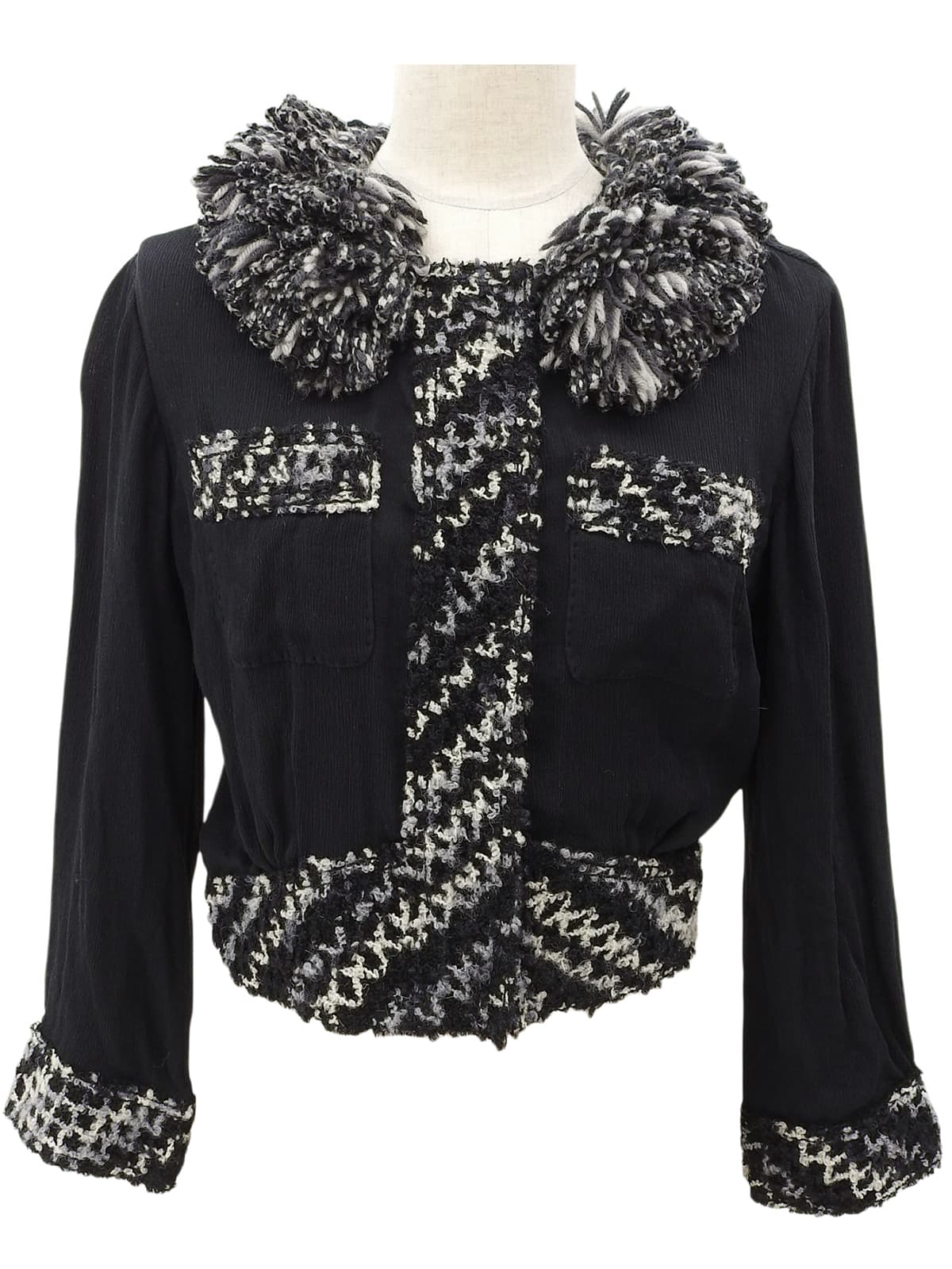 シルクウールコンビフリンジカラーカーディガン #34 ブラック/グレー