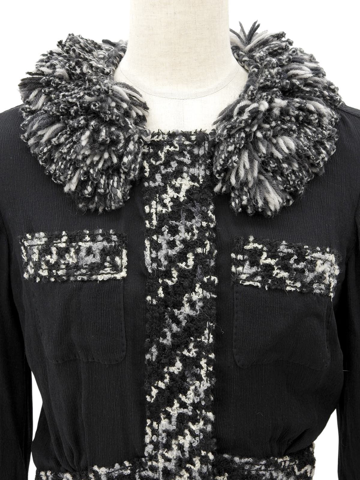 シルクウールコンビフリンジカラーカーディガン #34 ブラック/グレー