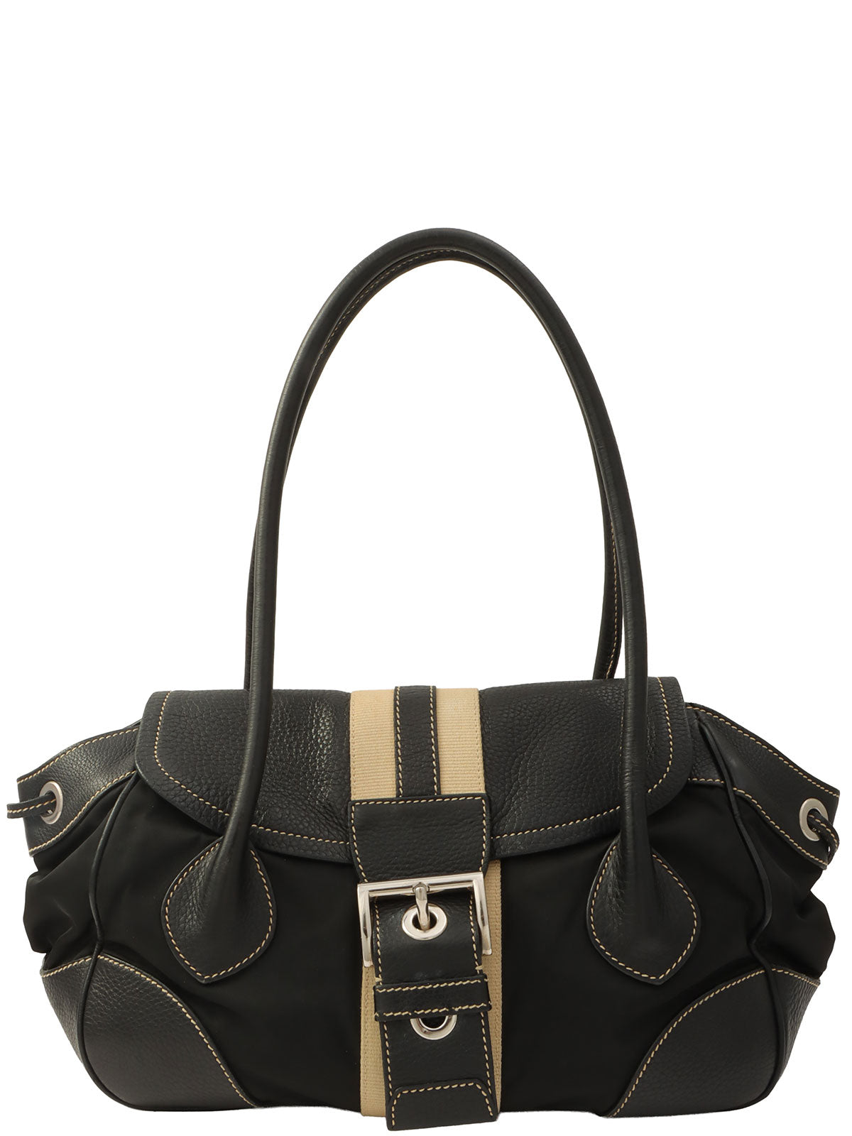 Nylon and Leather Combination Logo Plate Shoulder Bag
