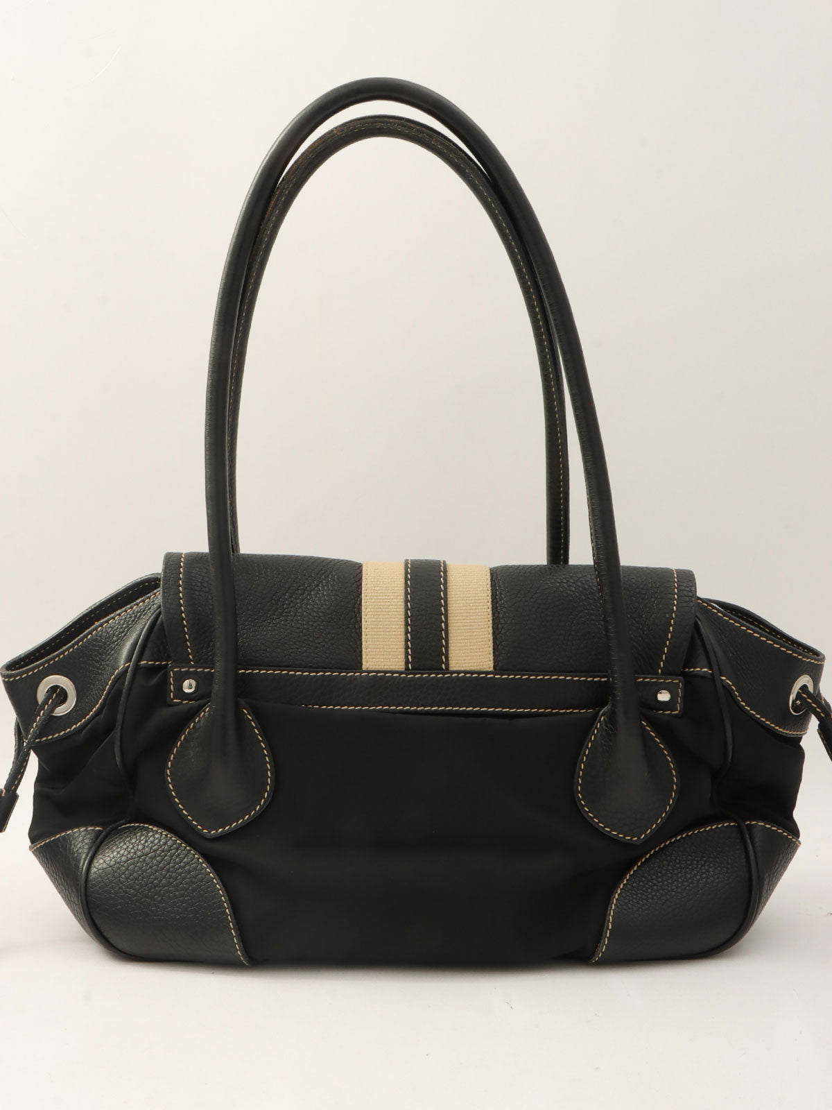 Nylon and Leather Combination Logo Plate Shoulder Bag