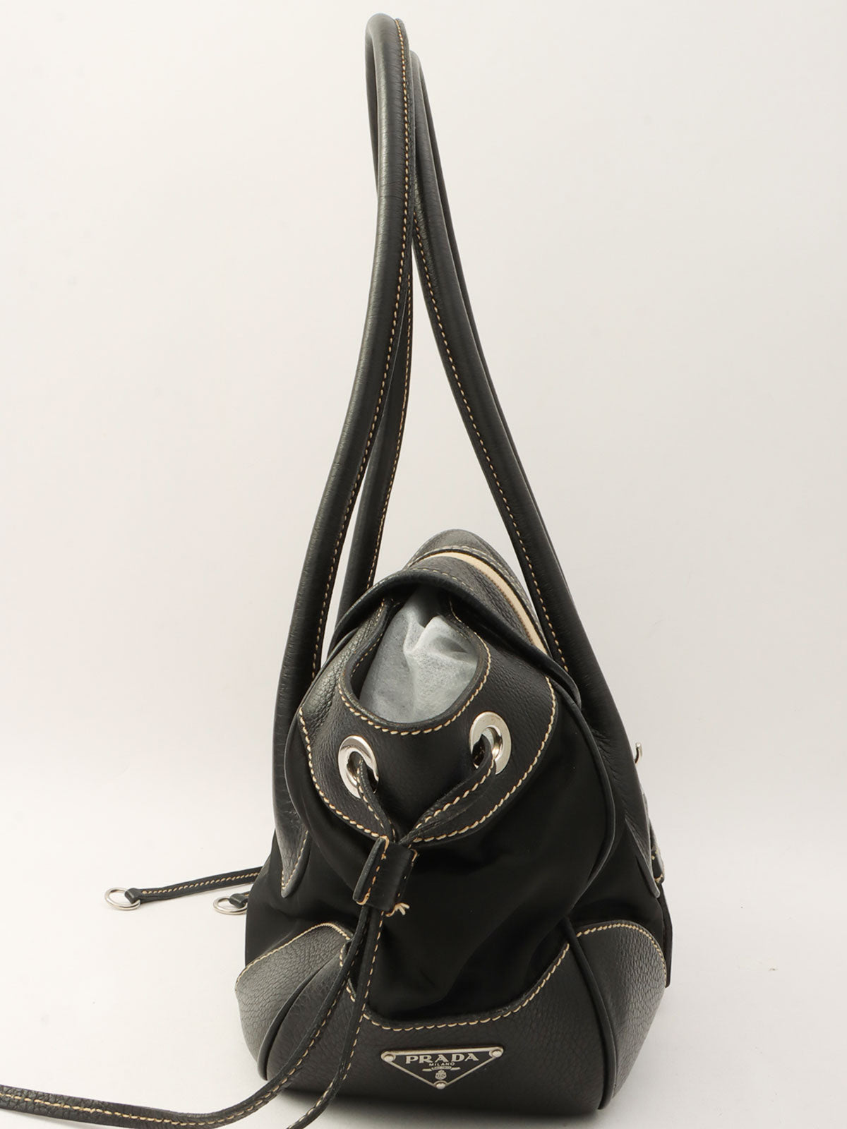 Nylon and Leather Combination Logo Plate Shoulder Bag