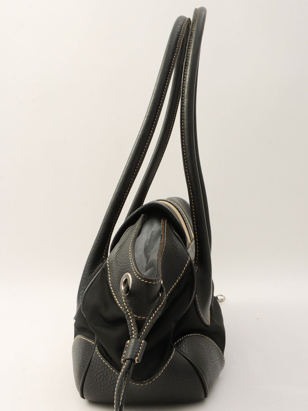 Nylon and Leather Combination Logo Plate Shoulder Bag