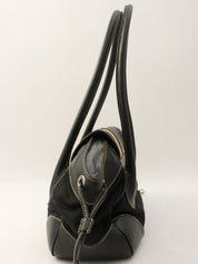 Nylon and Leather Combination Logo Plate Shoulder Bag