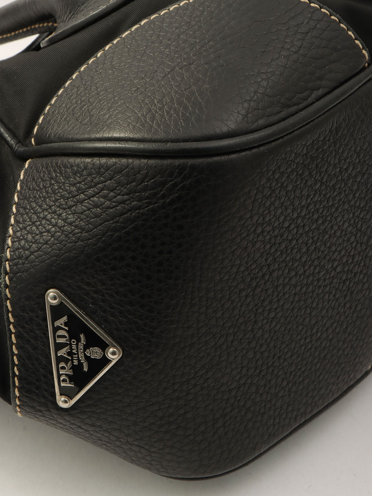 Nylon and Leather Combination Logo Plate Shoulder Bag