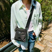 Nylon logo plate shoulder bag in black