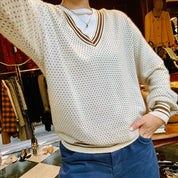 Dot Pattern Long Sleeve Knit Top #S Beige/Brown