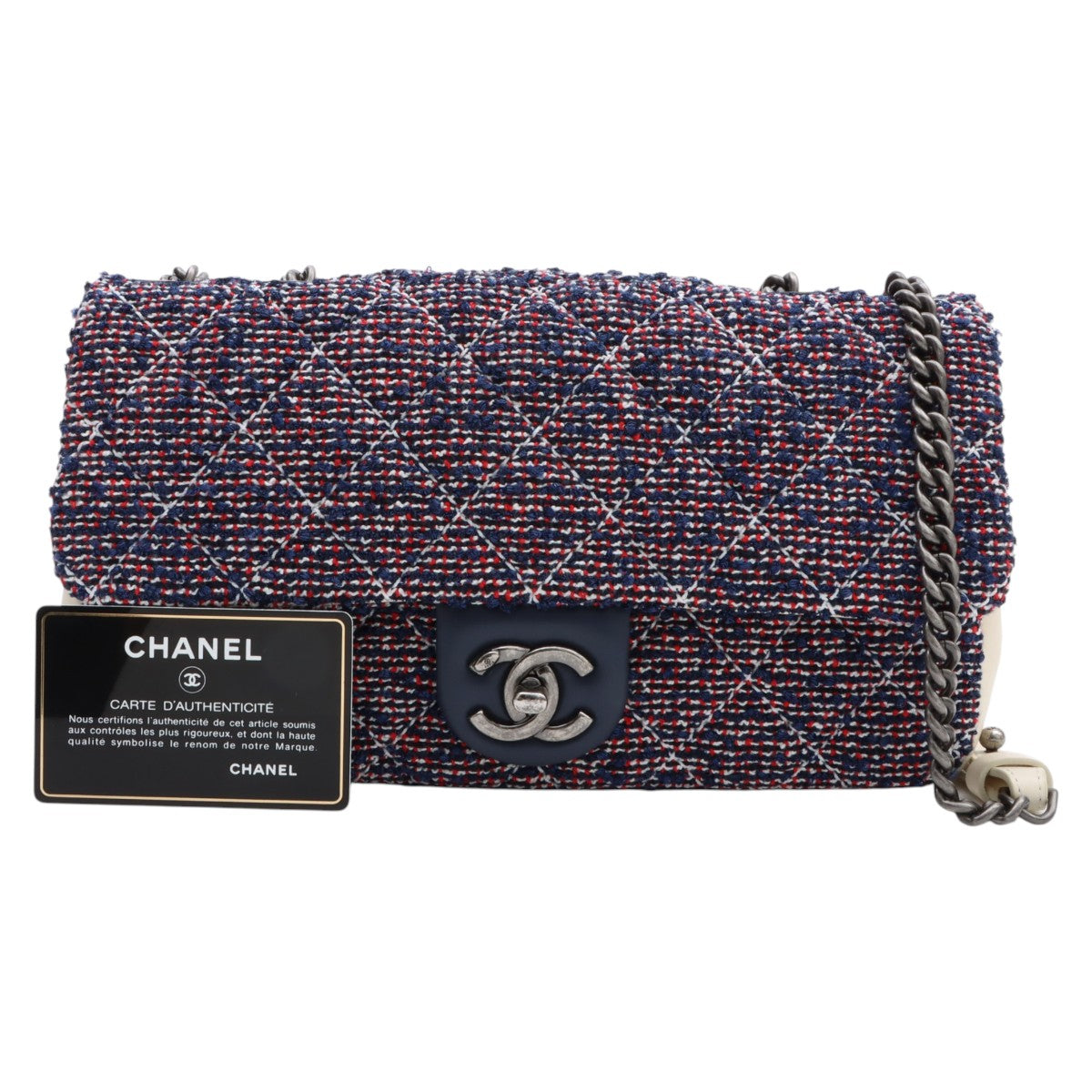 circa 2016 Tweed and Leather CC Turn-Lock Chain Shoulder Bag, Ivory/Navy/Red