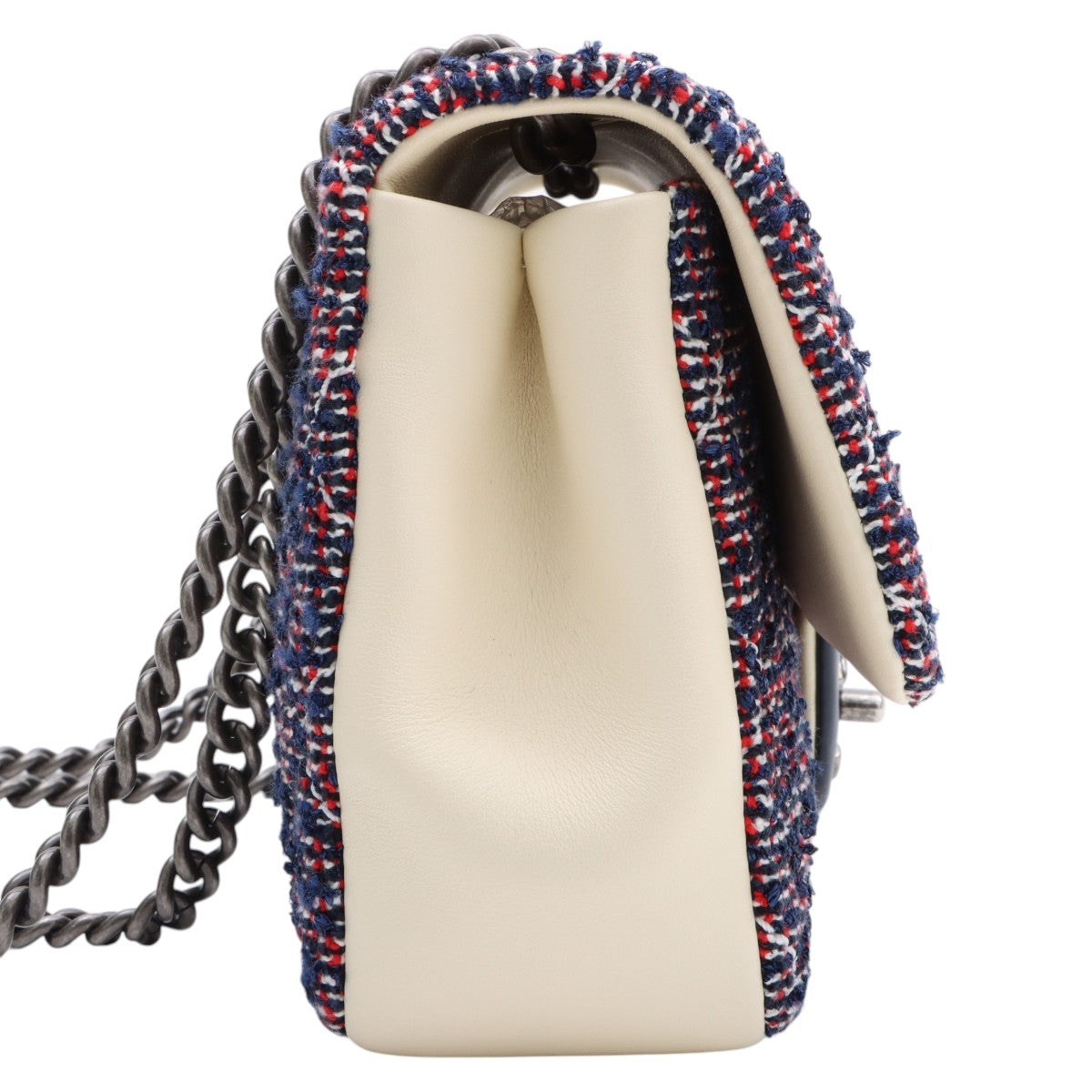 circa 2016 Tweed and Leather CC Turn-Lock Chain Shoulder Bag, Ivory/Navy/Red