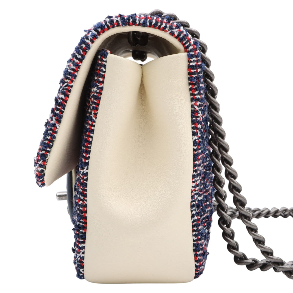 circa 2016 Tweed and Leather CC Turn-Lock Chain Shoulder Bag, Ivory/Navy/Red