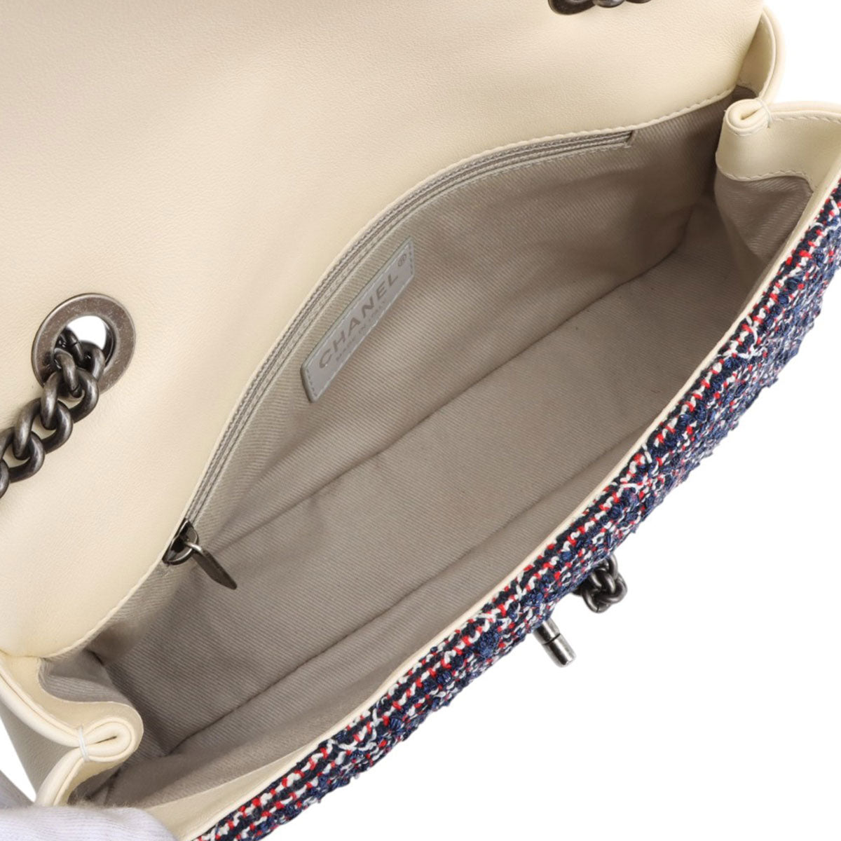 circa 2016 Tweed and Leather CC Turn-Lock Chain Shoulder Bag, Ivory/Navy/Red