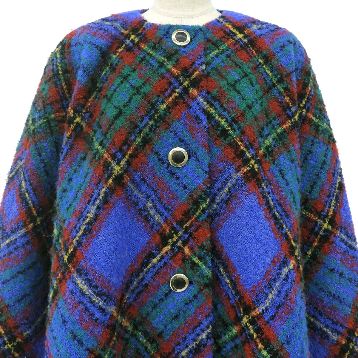 Plaid Flared Coat with Scarf #L Blue/Multi