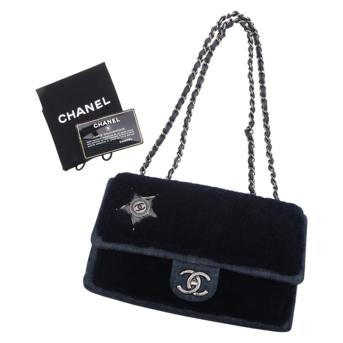 2014 or so model, fleece denim combination CC turn-lock chain shoulder bag, navy