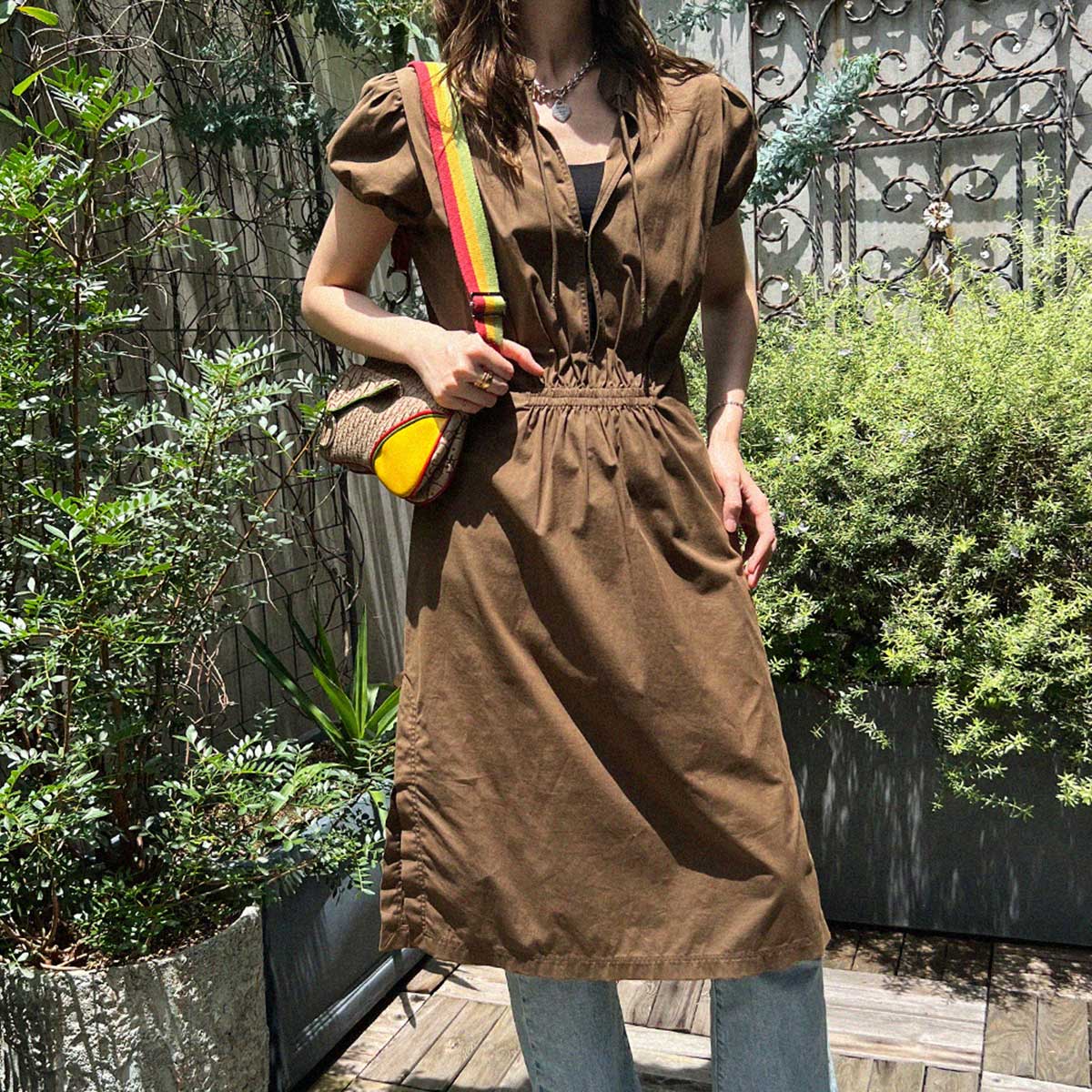 Cotton Puff Sleeve Dress #46 Brown