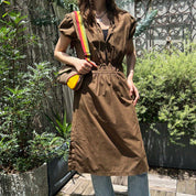 Cotton Puff Sleeve Dress #46 Brown