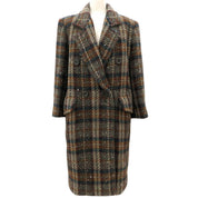 Check Pattern Wood Button Long Coat #M Brown/Multi