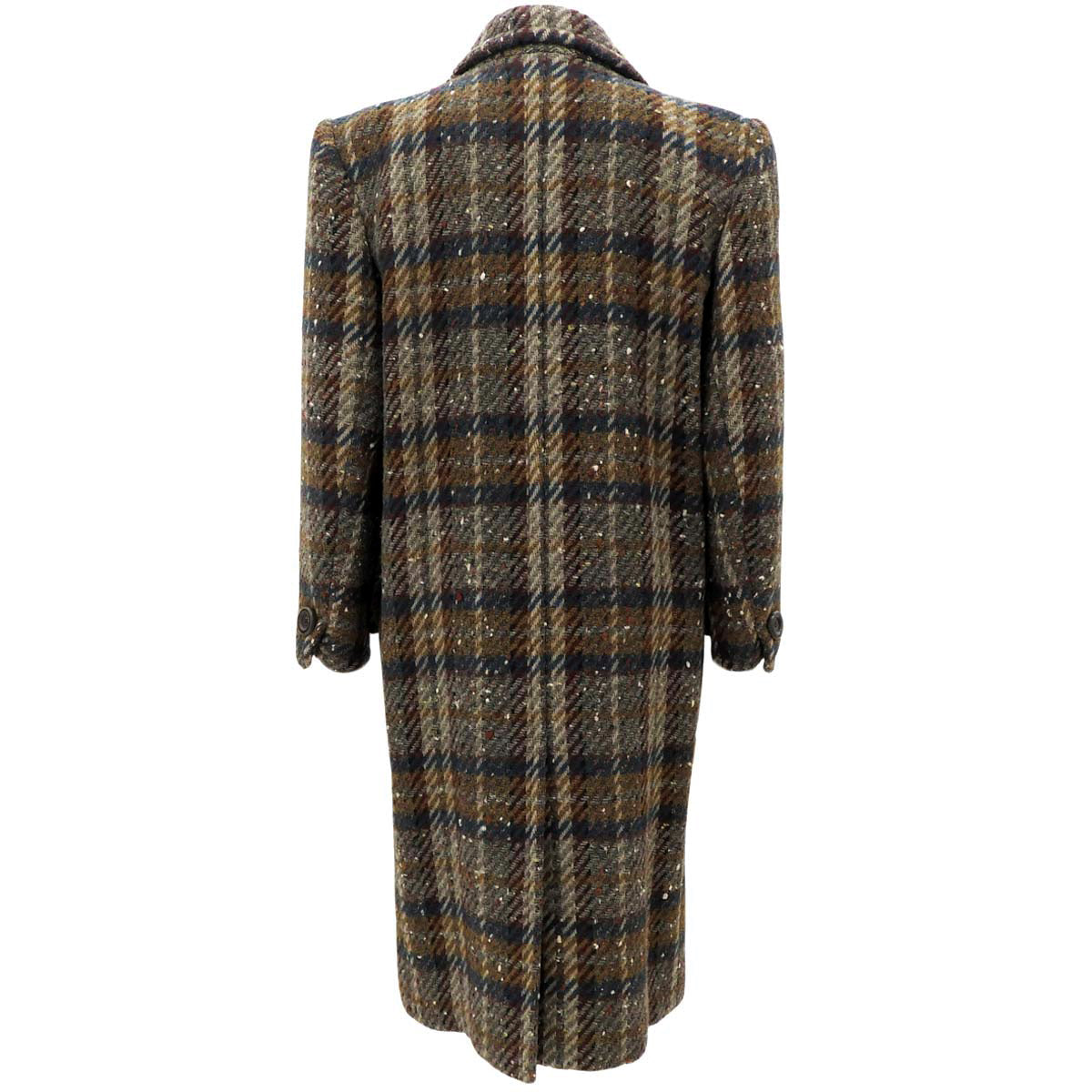 Check Pattern Wood Button Long Coat #M Brown/Multi