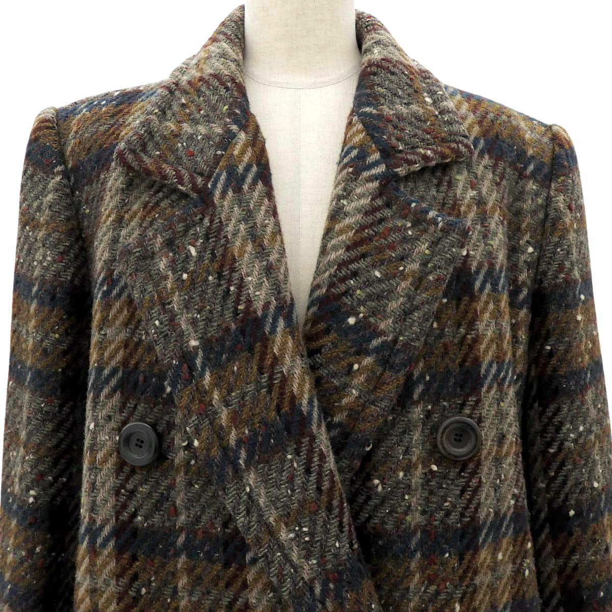 Check Pattern Wood Button Long Coat #M Brown/Multi