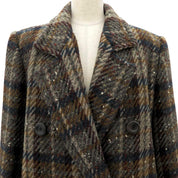 Check Pattern Wood Button Long Coat #M Brown/Multi