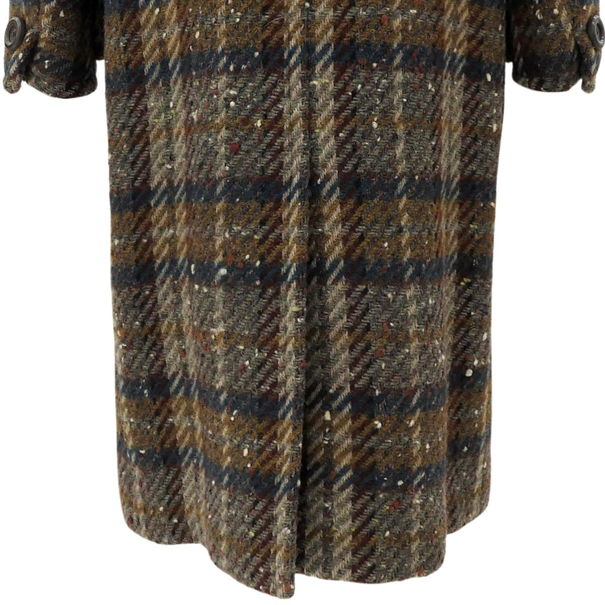 Check Pattern Wood Button Long Coat #M Brown/Multi