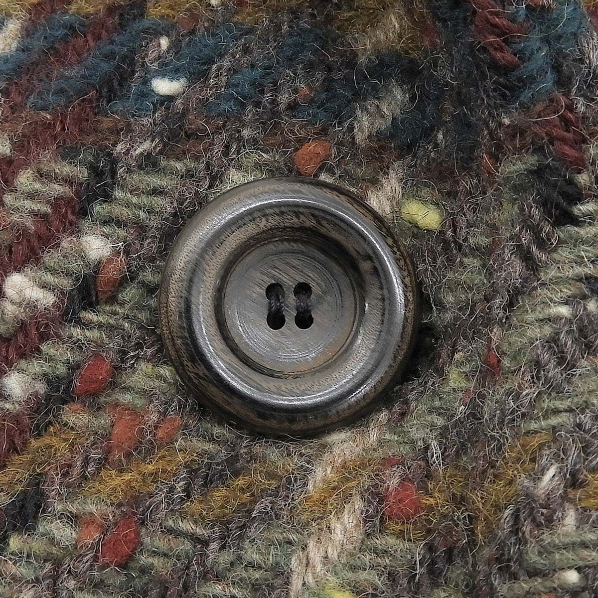 Check Pattern Wood Button Long Coat #M Brown/Multi