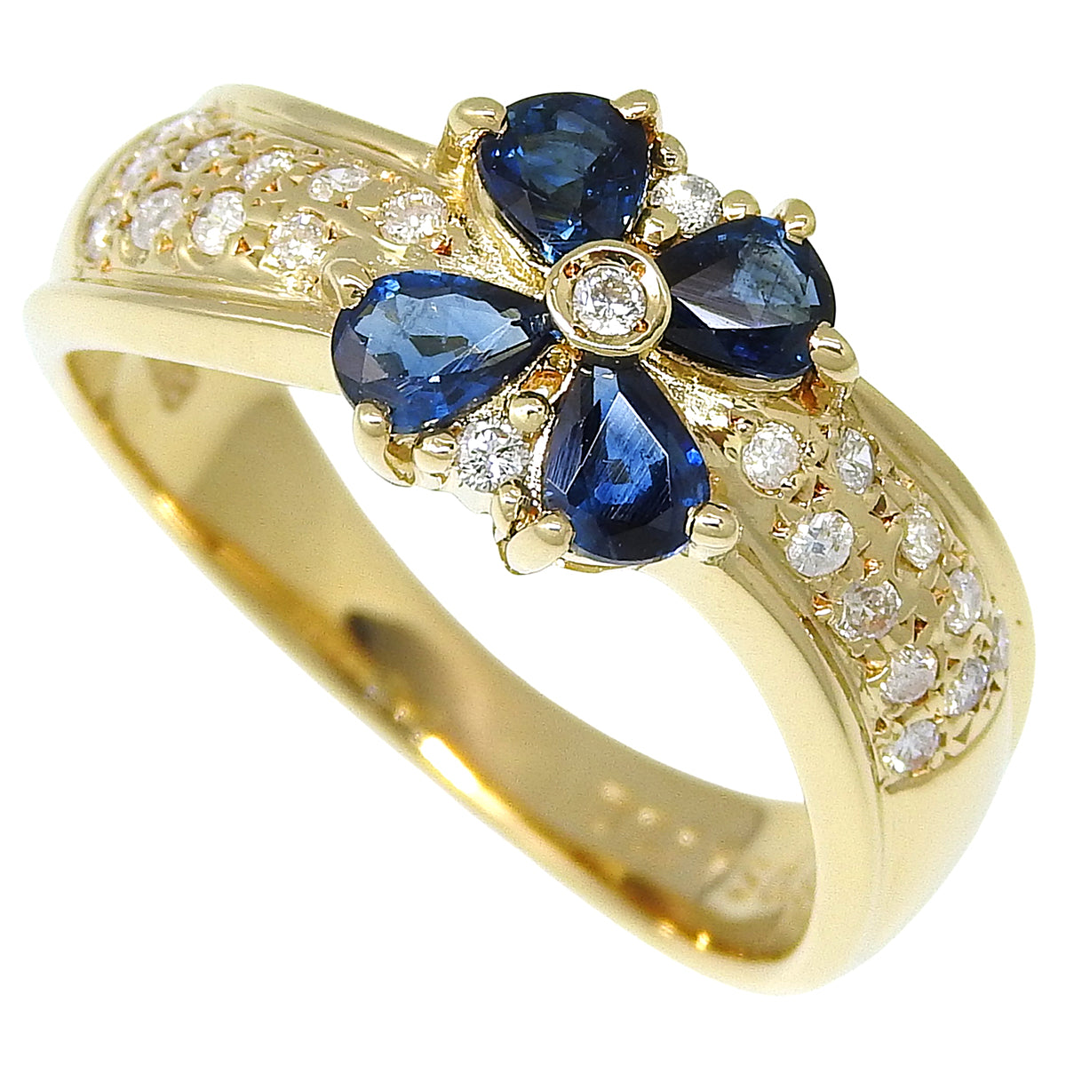 18K Sapphire Diamond Flower Motif Ring #52 Gold