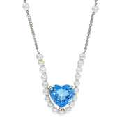 Platinum Blue Topaz Akoya Pearl Diamond Heart Motif Necklace Silver/Light Blue