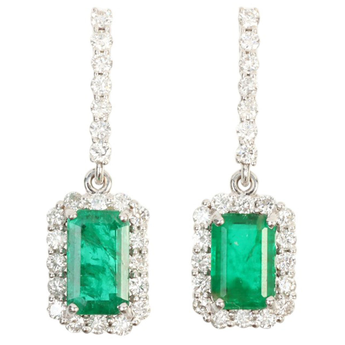 18K Emerald and Diamond Drop Earrings in White Gold/Green