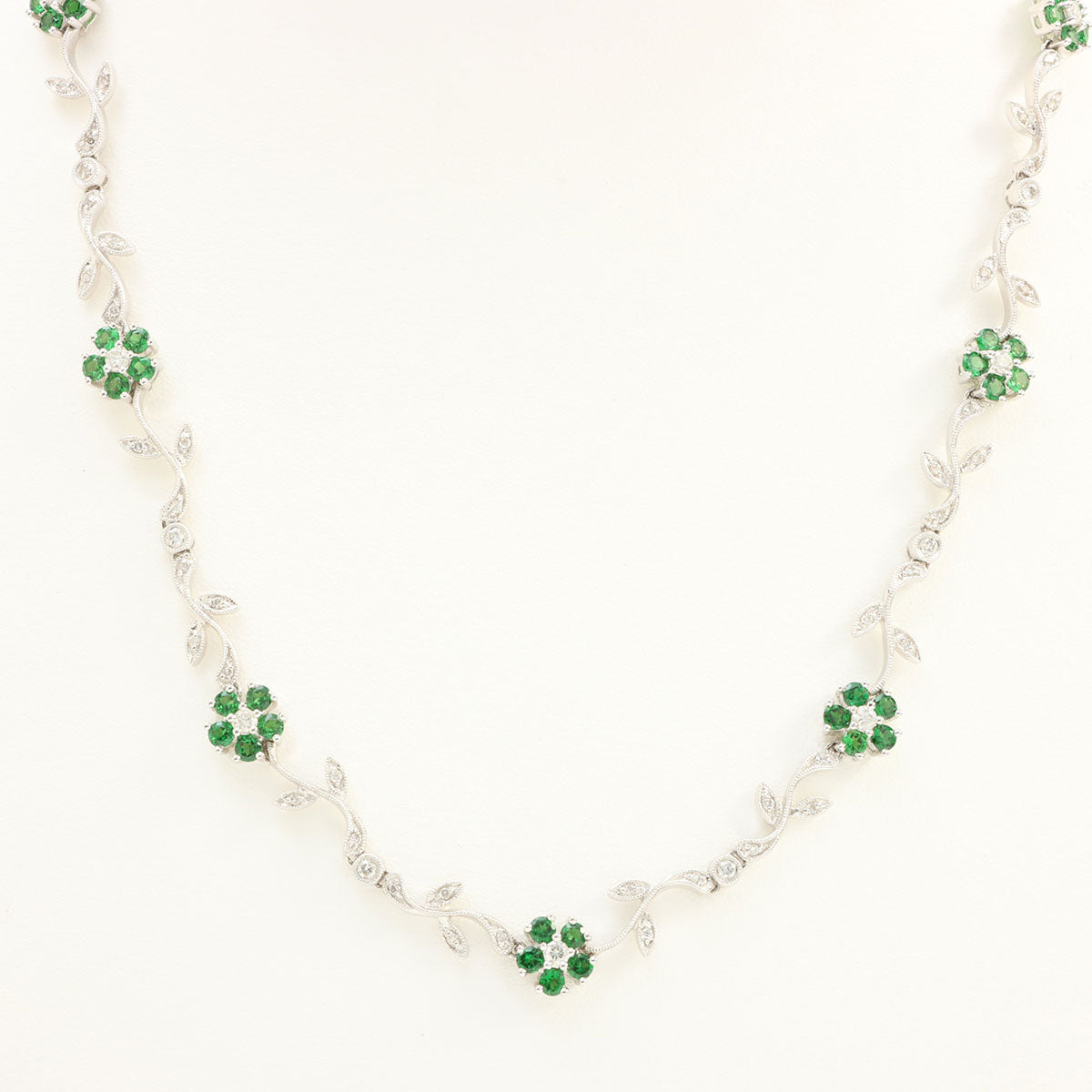 18K Garnet and Diamond Flower Motif Necklace, Green/Silver