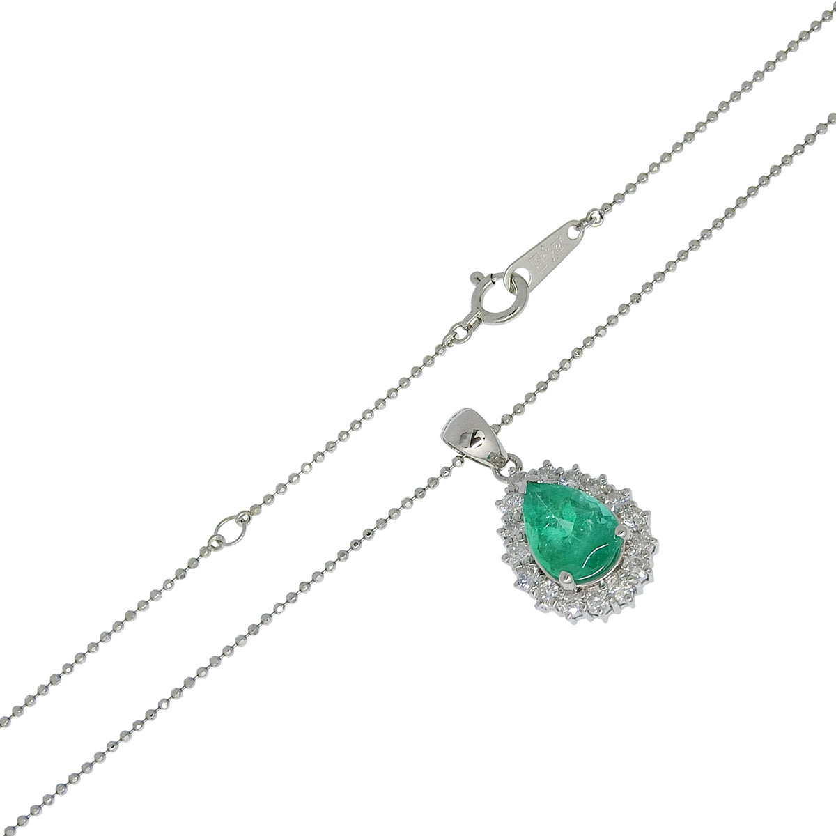PT900 Emerald Diamond Drop Motif Necklace Silver/Green