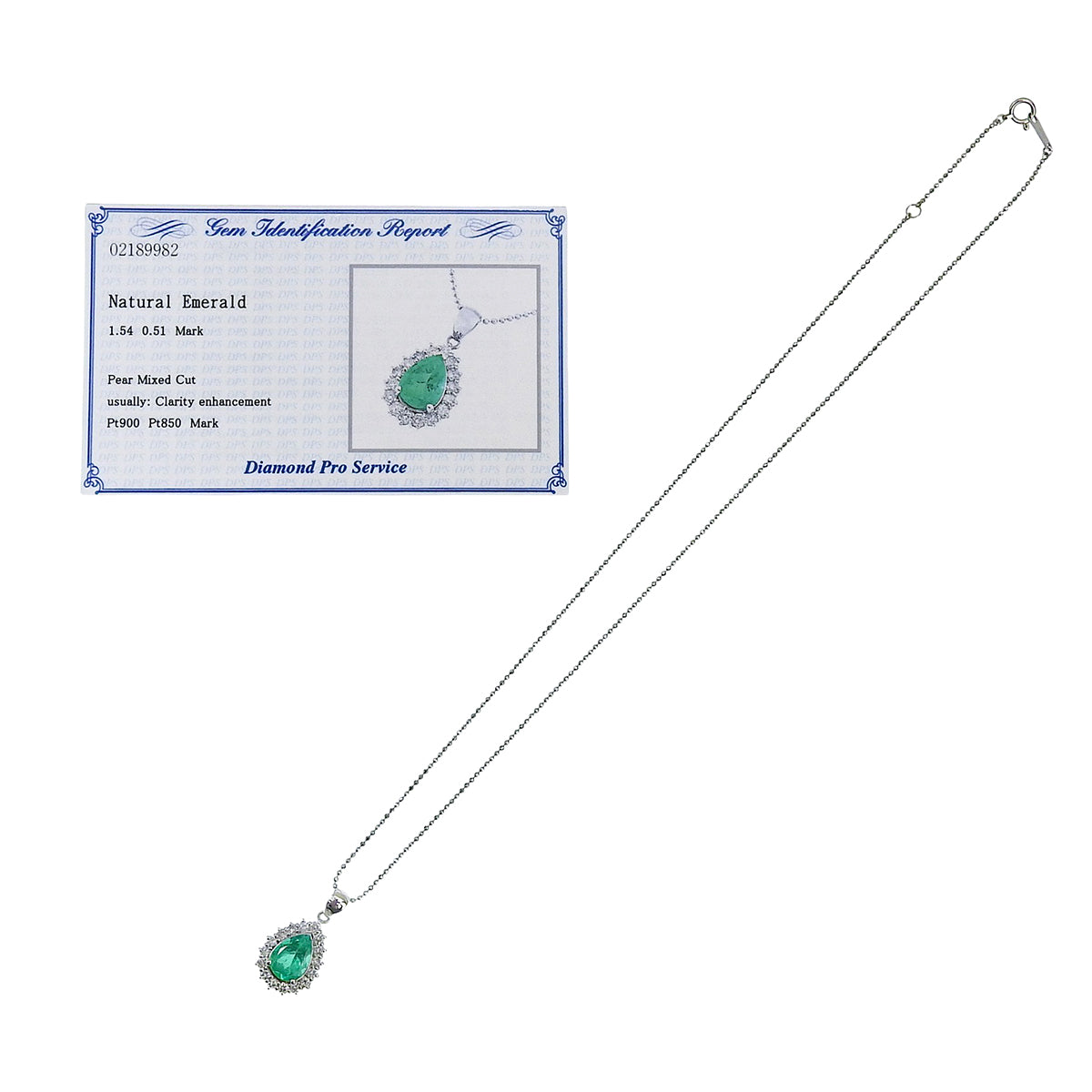 PT900 Emerald Diamond Drop Motif Necklace Silver/Green