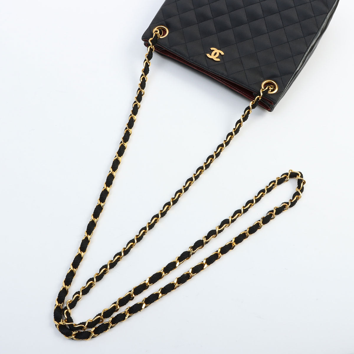 Circa 1985-1990 Satin Leather Combo CC Mark Plate Chain Shoulder Bag Black