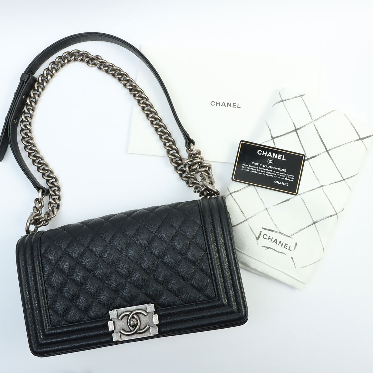 Circa 2019 Caviar Skin Boy Chanel Chain Shoulder Bag Black