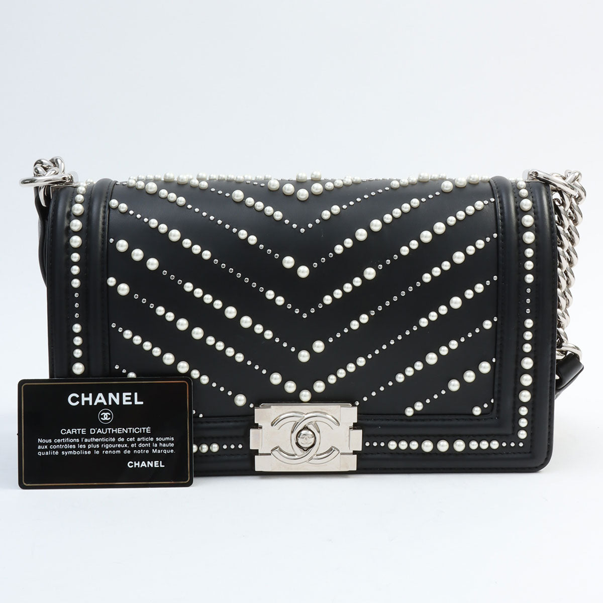 Around 2020 Pearl Studded Boy Chanel Chain Shoulder Bag Black