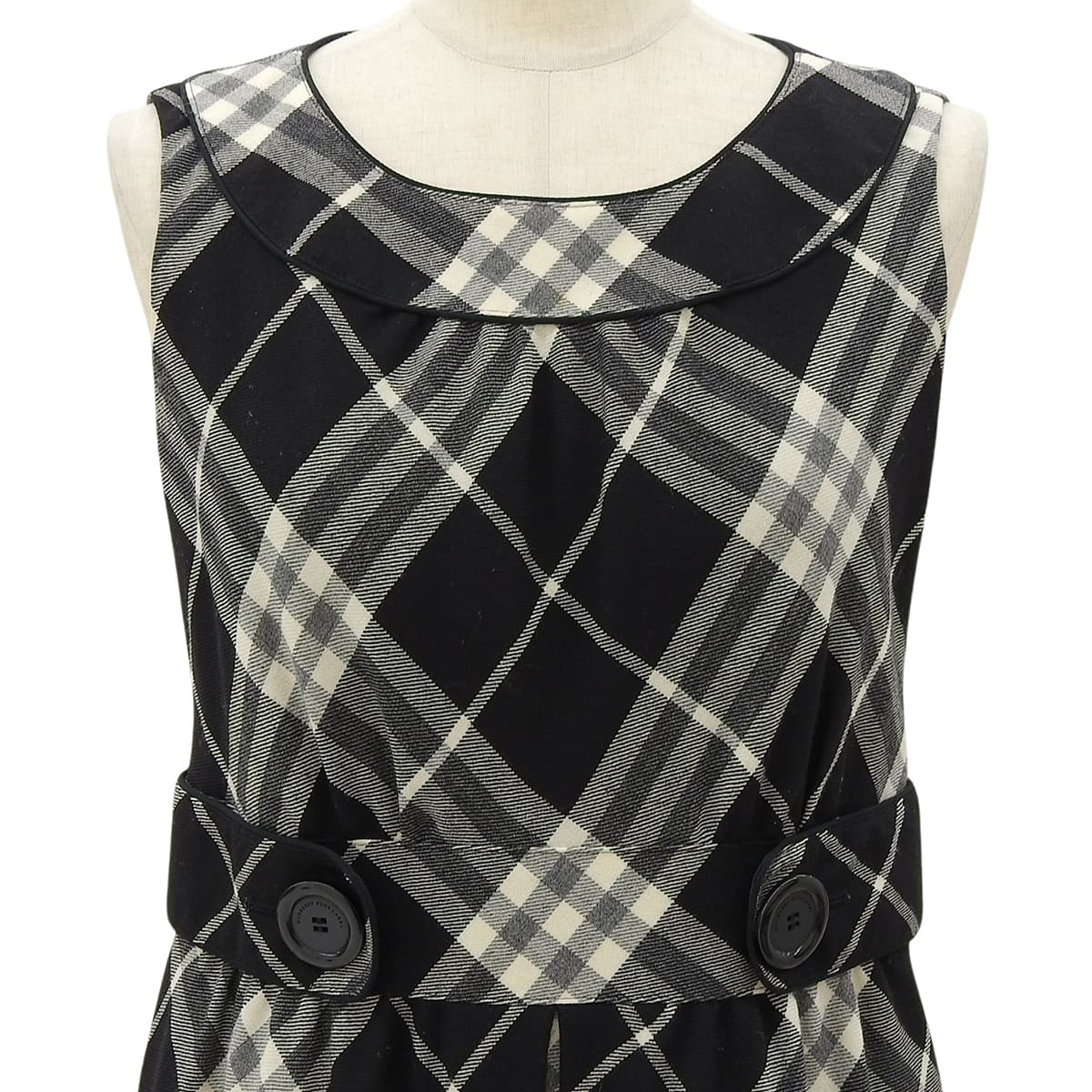 Checked Pattern Logo Button Sleeveless Dress #38 Black/White