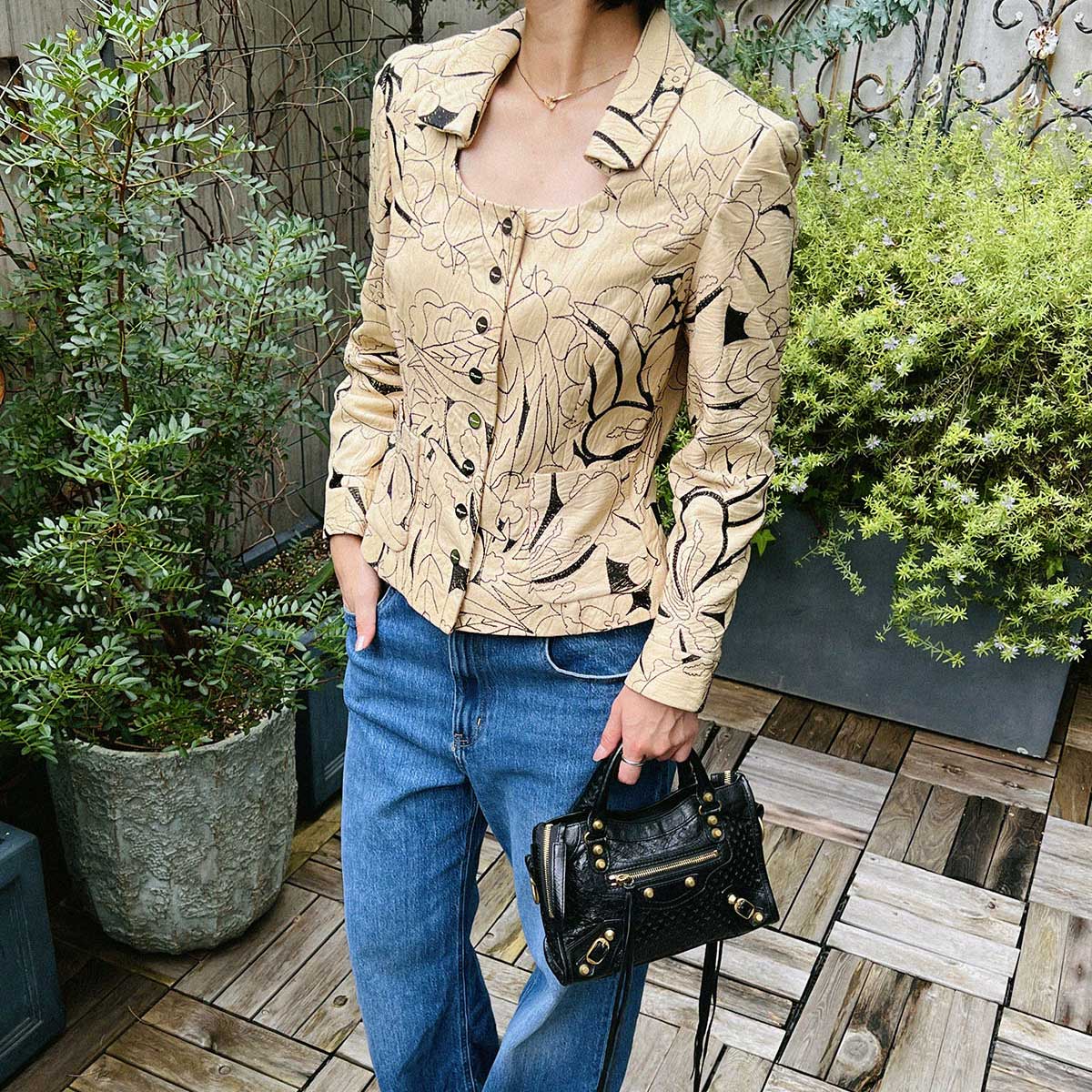 Leather Flower Pattern Jacket #42 Beige