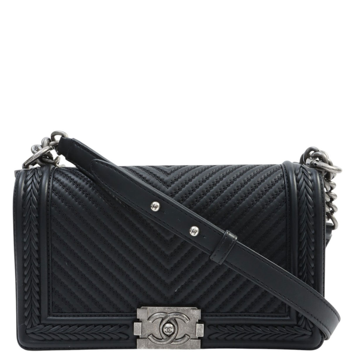 Boy Chanel Chain Shoulder Bag with Chevron Stitching, Black, manufactured around 2016