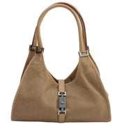 Jackie Punching Leather One-Shoulder Bag Beige