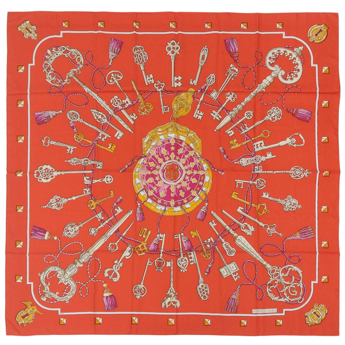 カレ140 Les CLES パターンスカーフ レッド/マルチ