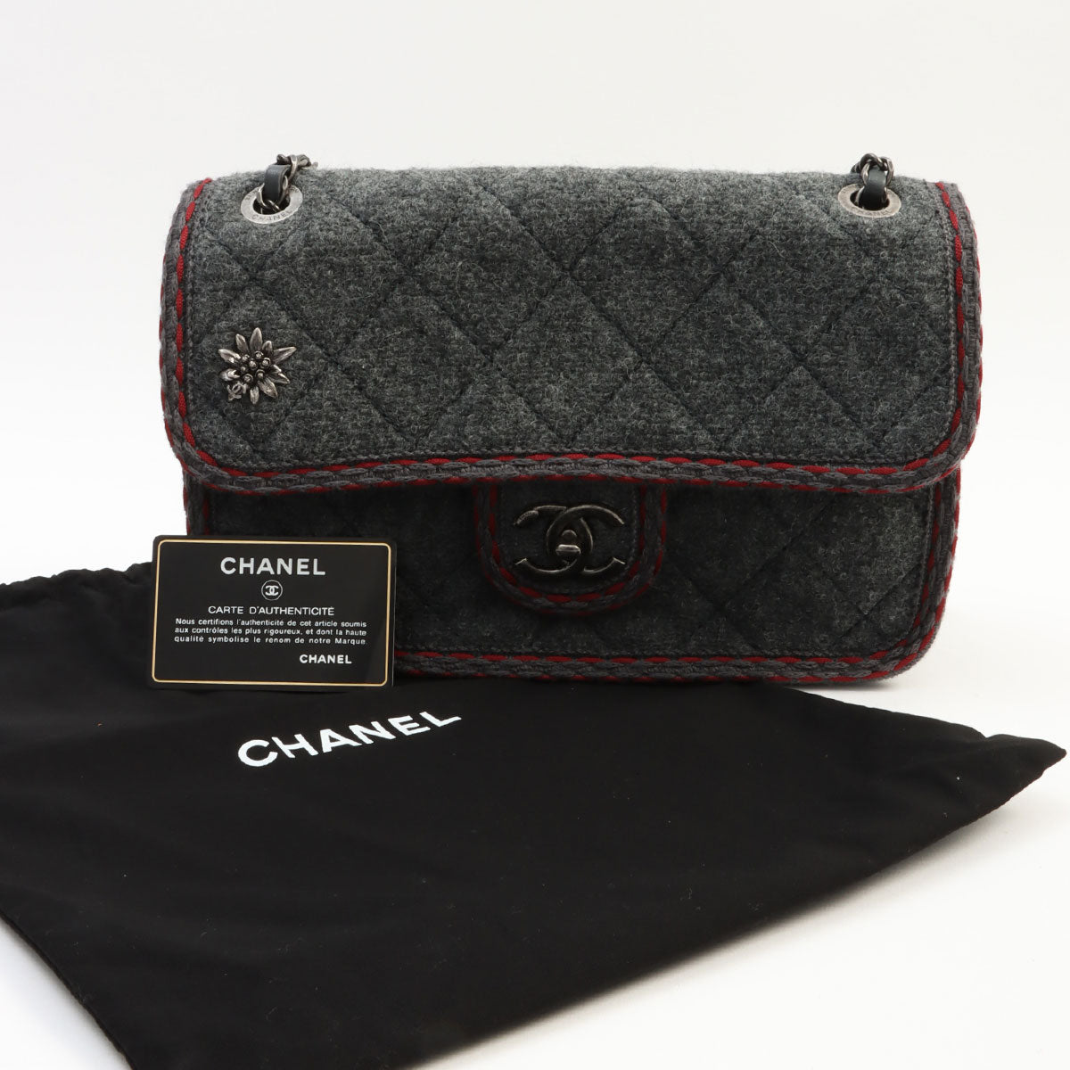 2015-ish Wool Matelassé Stitch CC Turn-lock Chain Shoulder Bag Gray